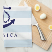 ブルー航海のいかりホワイト&ライトブルーストライプ キッチンタオル (四つ折り)