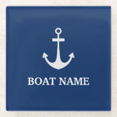 ブルー航海のいかりボート名 ガラスコースター (正面)