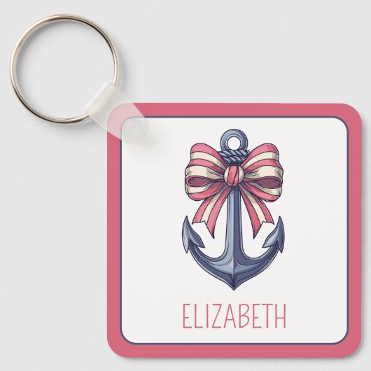 ブルー航海のいかり付き赤と白ストライプボウ キーホルダー (正面)