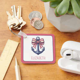 ブルー航海のいかり付き赤と白ストライプボウ キーホルダー