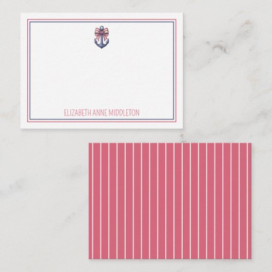 ブルー航海のいかり付き赤と白ストライプボウ ノートカード (正面/裏面)