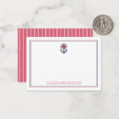 ブルー航海のいかり付き赤と白ストライプボウ ノートカード (正面/裏面インサイチュ)