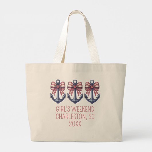 ブルー航海のいかり付き赤と白ストライプボウ ラージトートバッグ (裏面)