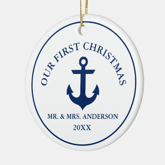 ブルー航海のいかり私たちの初めてのクリスマス セラミックオーナメント (左)