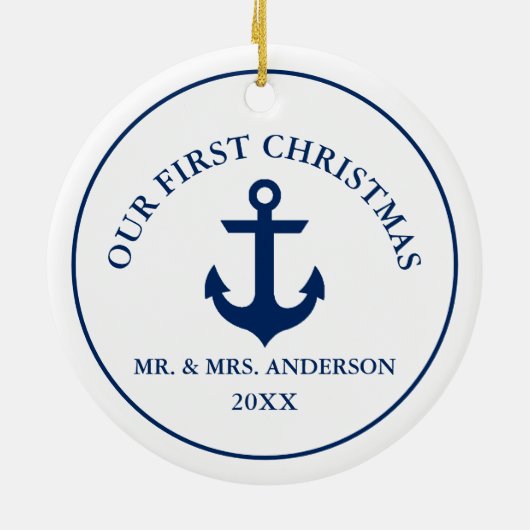 ブルー航海のいかり私たちの初めてのクリスマス セラミックオーナメント (裏面)