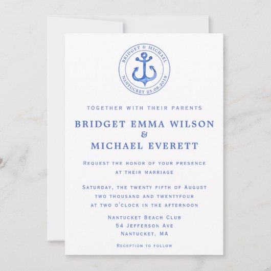 ブルー航海のいかり結婚式招待状 招待状 (正面)