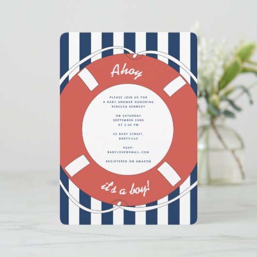 ブルー航海のアストライプのホイ男の子だ！赤ちゃんシャワー 招待状 (スタンド正面)