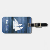 ブルー航海のウッド&ホワイトセーリングボート名前をカスタムする ラゲッジタグ (正面横)