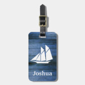 ブルー航海のウッド&ホワイトセーリングボート名前をカスタムする ラゲッジタグ (正面縦)