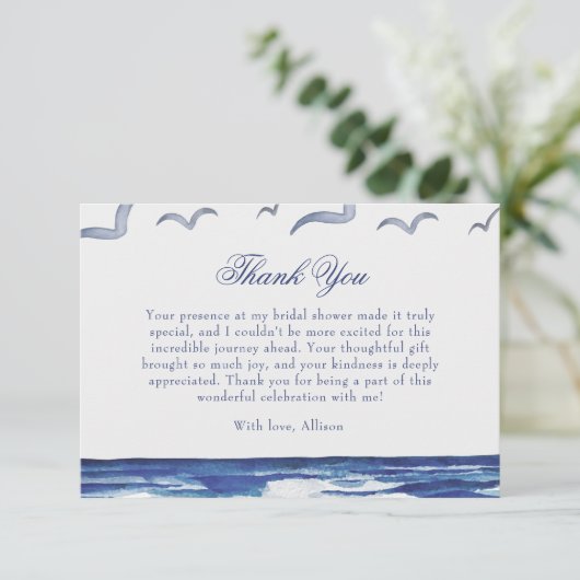 ブルー航海のコースタルシーブライダルシャワーありがとう エンクロージャーカード (スタンド正面)