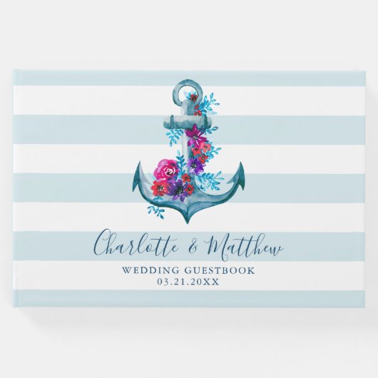 ブルー航海のストライプいかりウォーター結婚カラー ゲストブック (正面)