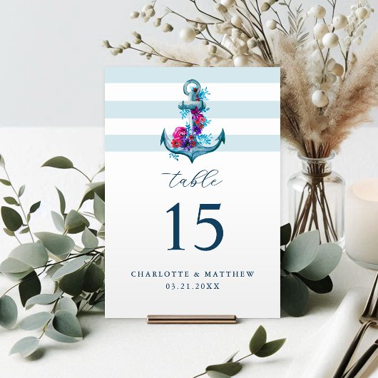 ブルー航海のストライプいかりウォーター結婚カラー テーブルナンバー