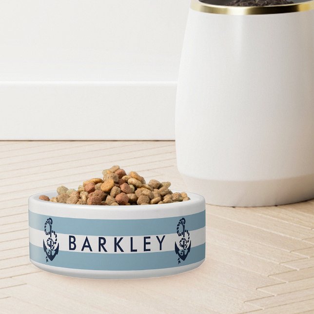 ブルー航海のストライプいかりパーソナライズされた ボウル (クリエイターアップロード済み)