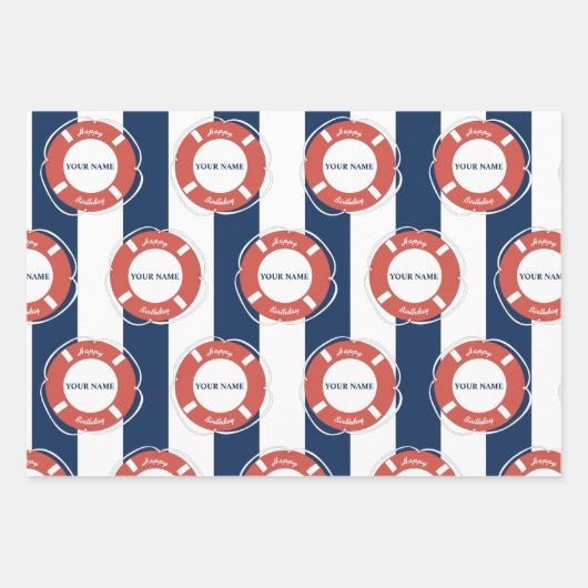 ブルー航海のストライプの名前をカスタムする誕生日 ラッピングペーパーシート (正面3)