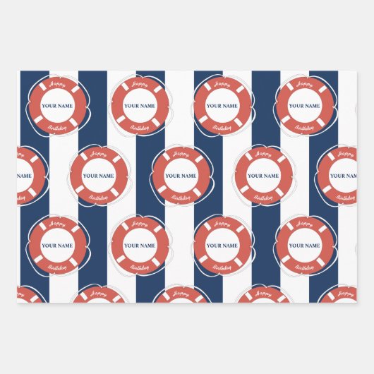 ブルー航海のストライプの名前をカスタムする誕生日 ラッピングペーパーシート (正面2)