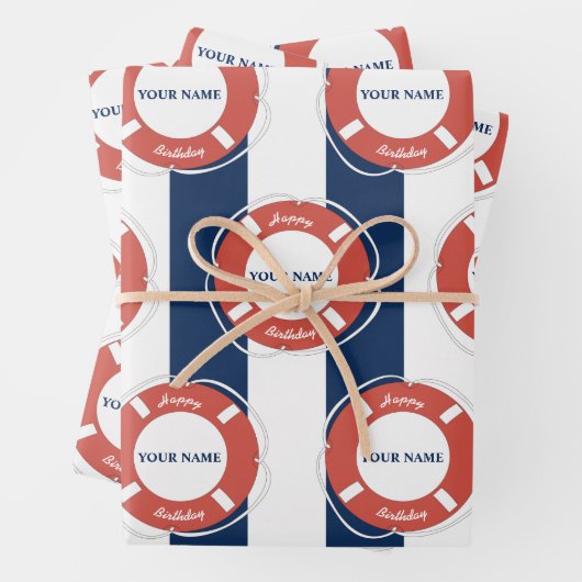 ブルー航海のストライプの名前をカスタムする誕生日 ラッピングペーパーシート (インサイチュ)