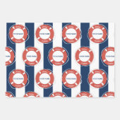 ブルー航海のストライプの名前をカスタムする誕生日 ラッピングペーパーシート (正面)