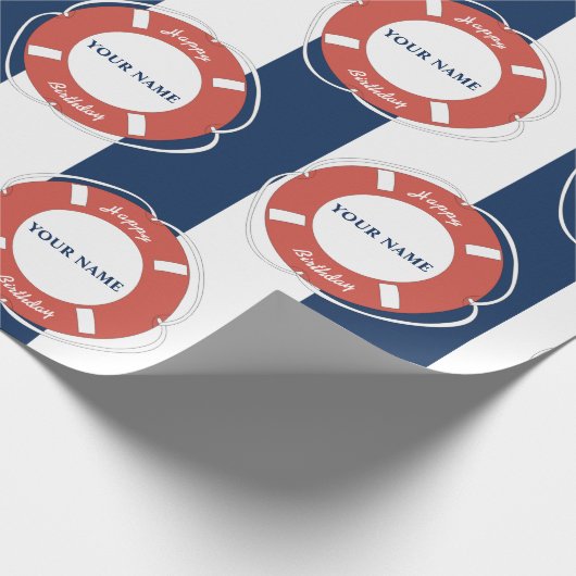 ブルー航海のストライプの名前をカスタムする誕生日 ラッピングペーパー (角)
