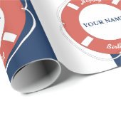 ブルー航海のストライプの名前をカスタムする誕生日 ラッピングペーパー (ロールコーナー)