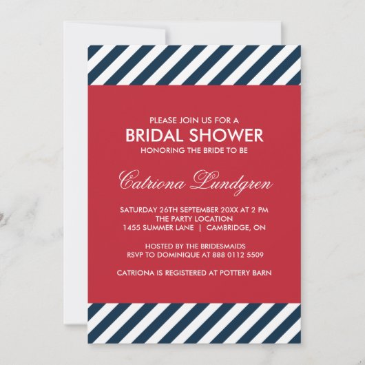 ブルー航海のストライプホテルブライダルシャワー 招待状 (正面)