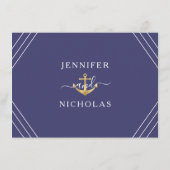 ブルー航海のストライプ金ゴールド結婚いかり詳細 エンクロージャーカード (裏面)