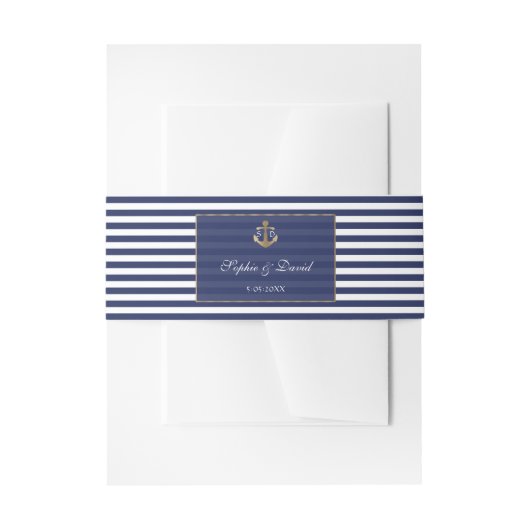 ブルー航海のストライプ金ゴールド結婚いかり 招待状ベリーバンド (正面例)