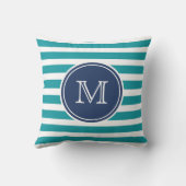 ブルー航海のティール（緑がかった色）ストライプモノグラム装飾用クッション クッション (裏面)