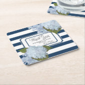 ブルー航海のハイドランジアホワイトストライプのフローラアート スクエアペーパーコースター (アングル)