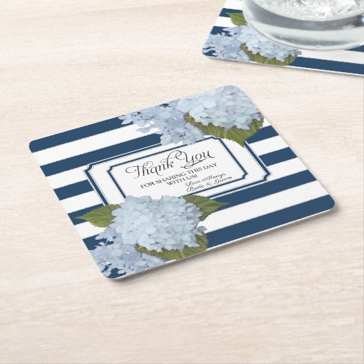 ブルー航海のハイドランジアホワイトストライプのフローラアート スクエアペーパーコースター (アングル)
