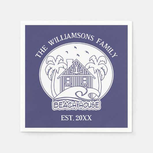 ブルー航海のビーチハウスホワイトファミリーネームいかり スタンダードカクテルナプキン (正面)