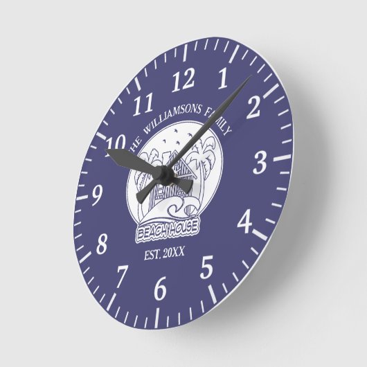 ブルー航海のビーチハウスホワイトファミリーネームサマー ラウンド壁時計 (傾斜)