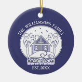 ブルー航海のビーチハウスホワイトファミリーネーム自然 セラミックオーナメント (正面)