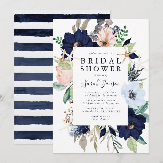 ブルー航海のピンクウォーターカラーフローラブライダルシャワー 招待状 (正面/裏面)