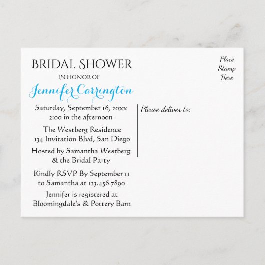 ブルー航海のホワイトブライダルシャワー船いかり インビテーションポストカード (裏面)