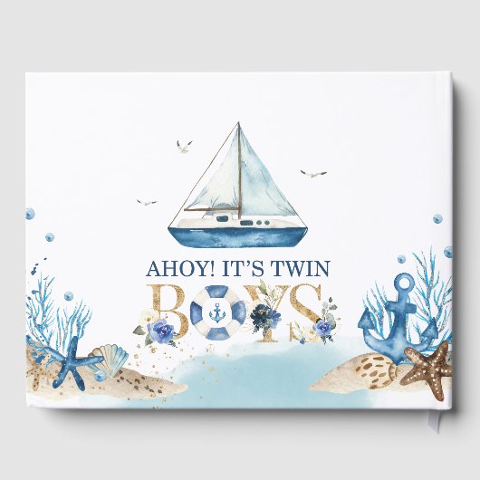 ブルー航海のボートアホイ双子の男の子の赤ちゃんシャワー ゲストブック (裏面)