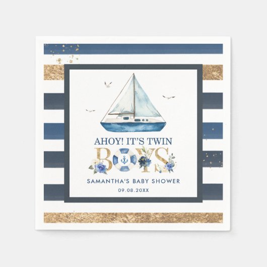 ブルー航海のボートアホイ双子の男の子の赤ちゃんシャワー スタンダードカクテルナプキン (正面)
