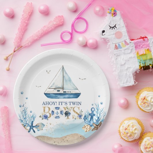 ブルー航海のボートアホイ双子の男の子の赤ちゃんシャワー ペーパープレート (パーティー)