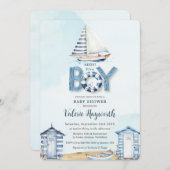 ブルー航海のボートビーチハッツボーイベビーシャワー 招待状 (正面/裏面)