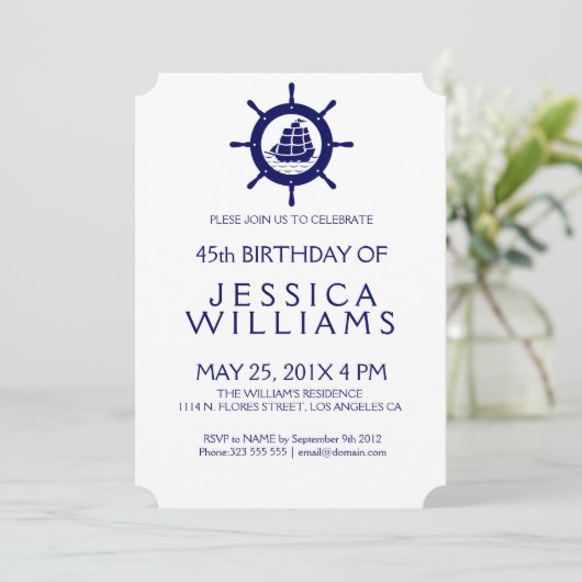 ブルー航海のボートホイールバースデーパーティー招待状 招待状 (スタンド正面)