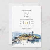 ブルー航海のライトハウスウォーターカラービーチ結婚式 招待状 (正面)