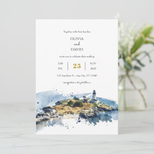 ブルー航海のライトハウスウォーターカラービーチ結婚式 招待状 (スタンド正面)