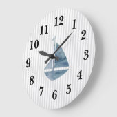 ブルー航海の帆船ストライプ大名門私立校風の時計 ラージ壁時計 (傾斜)