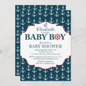 ブルー航海の&ホワイトいかりボーイズ赤ちゃんシャワー 招待状 (正面/裏面)