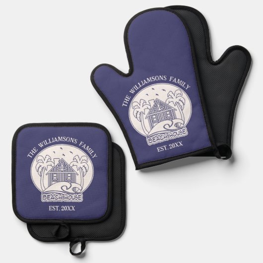 ブルー航海の&ホワイトファミリービーチハウスいかり 鍋つかみ&鍋敷きセット (正面/裏面)