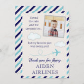 ブルー航空機男の赤ちゃん1日目の誕生日パーティー サンキューカード (正面/裏面)