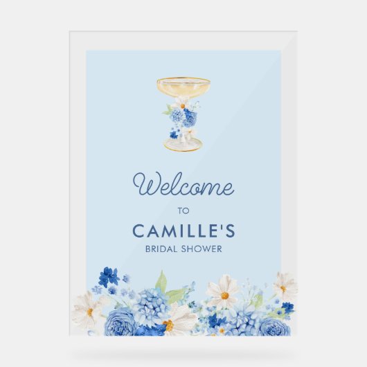 ブルー花びらとプロセッコ歓迎アクリル看板 アクリルサイン (正面)