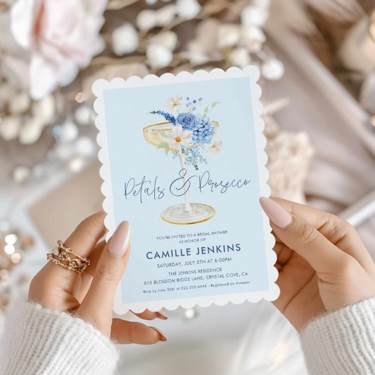 ブルー花びらアンドプロセッコガーデンブライダル招待状 招待状