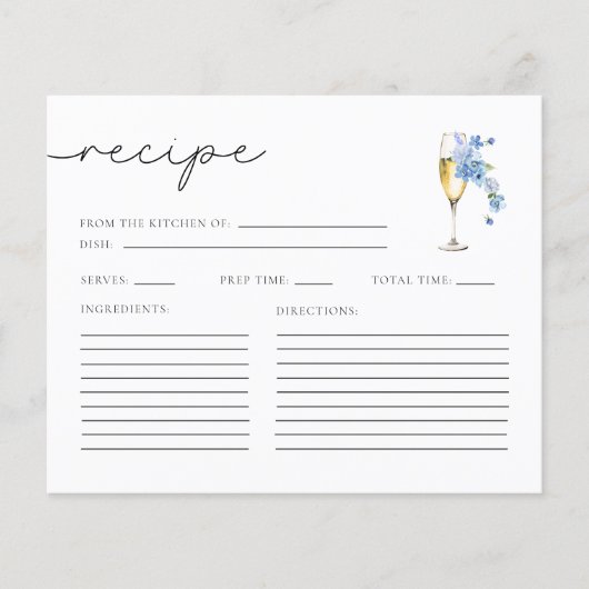 ブルー花びら&プロセッコブライダルシャワーレシピカード (正面)