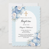 ブルー花模様アーチクロスボーイバプテスマ 招待状 (正面)