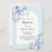 ブルー花模様アーチクロスボーイバプテスマ 招待状 (正面)